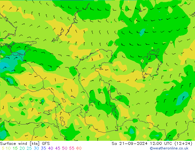 wiatr 10 m GFS so. 21.09.2024 12 UTC