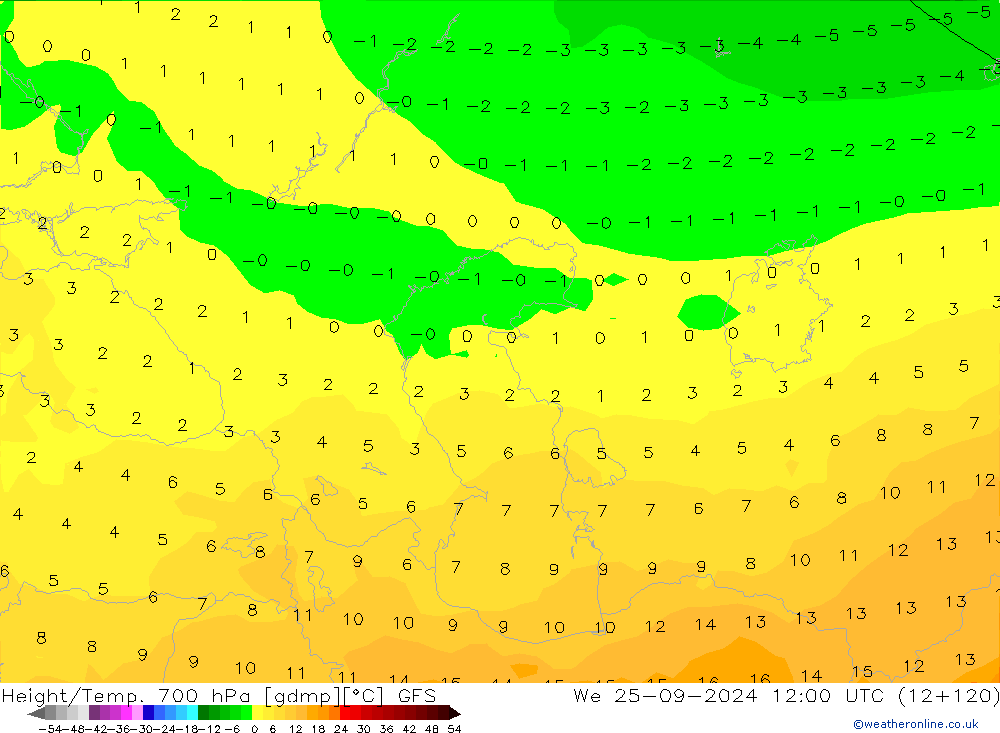 Height/Temp. 700 hPa GFS Mi 25.09.2024 12 UTC