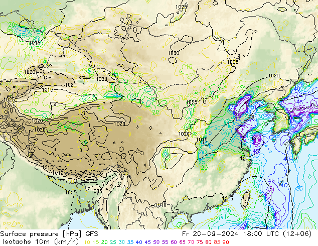 10米等风速线 (kph) GFS 星期五 20.09.2024 18 UTC