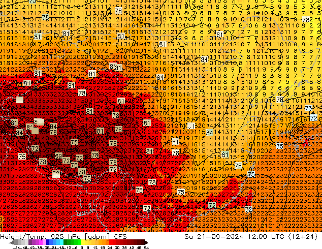 Height/Temp. 925 hPa GFS 星期六 21.09.2024 12 UTC