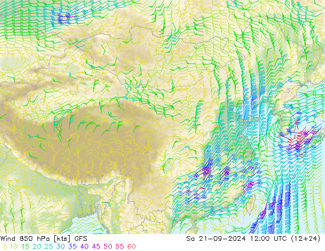 Vento 850 hPa GFS sab 21.09.2024 12 UTC