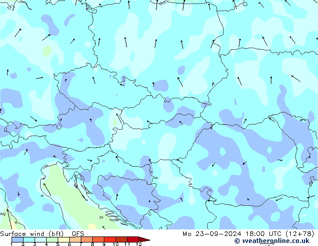 Surface wind (bft) GFS Mo 23.09.2024 18 UTC