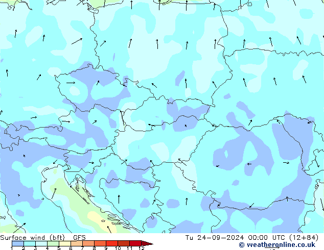 Surface wind (bft) GFS Tu 24.09.2024 00 UTC