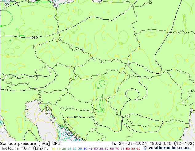 Isotachs (kph) GFS  24.09.2024 18 UTC