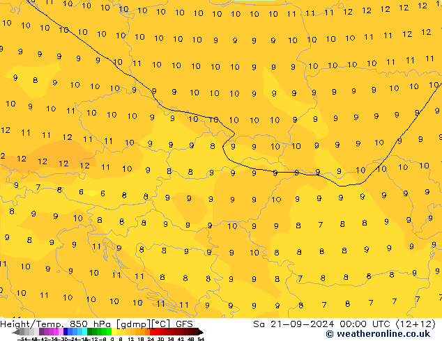 Geop./Temp. 850 hPa GFS sáb 21.09.2024 00 UTC