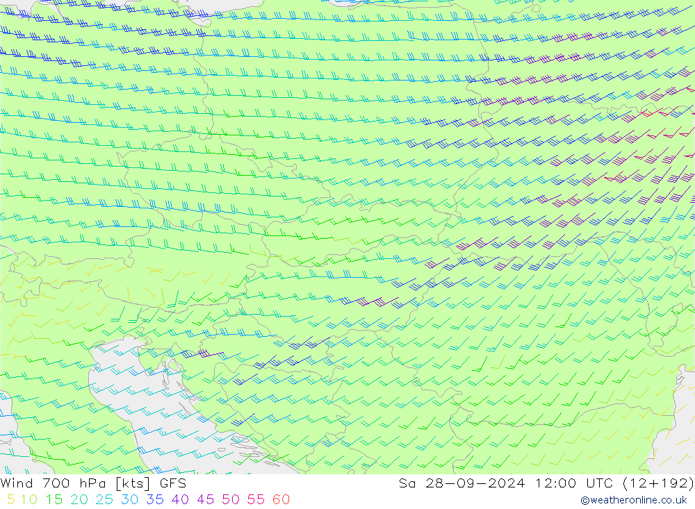 Viento 700 hPa GFS sáb 28.09.2024 12 UTC