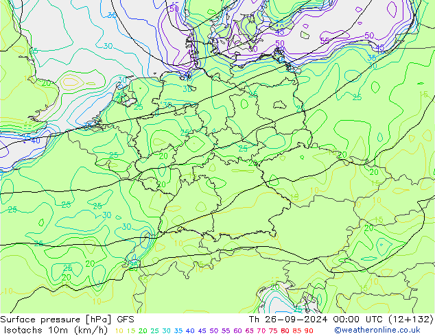 Isotachs (kph) GFS Čt 26.09.2024 00 UTC