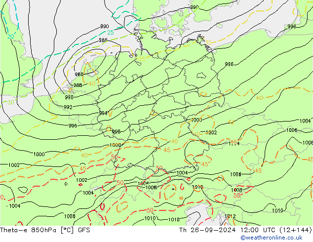 Theta-e 850гПа GFS чт 26.09.2024 12 UTC