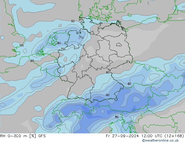 RH 0-300 m GFS  27.09.2024 12 UTC