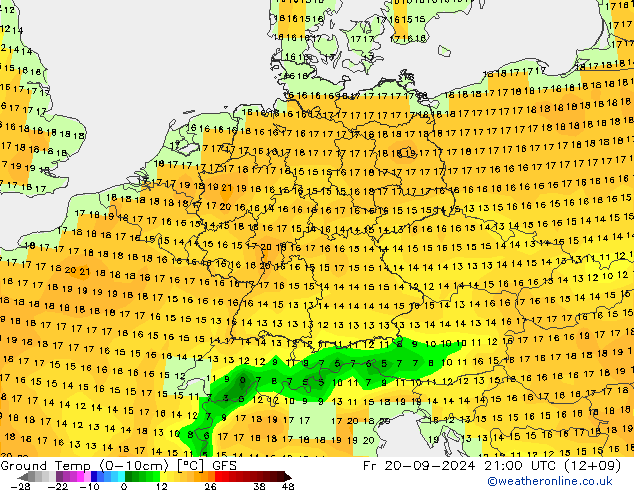 temp. mín./solo (0-10cm) GFS Sex 20.09.2024 21 UTC