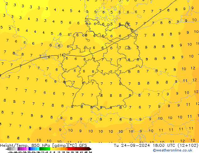 Hoogte/Temp. 850 hPa GFS di 24.09.2024 18 UTC