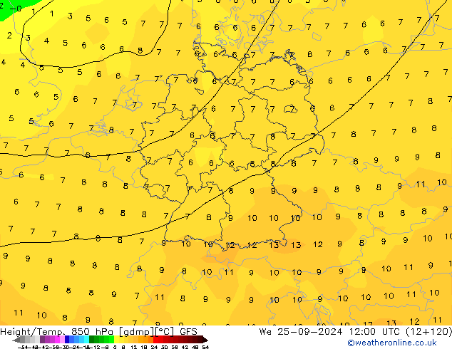 Hoogte/Temp. 850 hPa GFS wo 25.09.2024 12 UTC