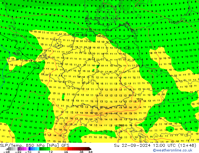 SLP/Temp. 850 hPa GFS dom 22.09.2024 12 UTC