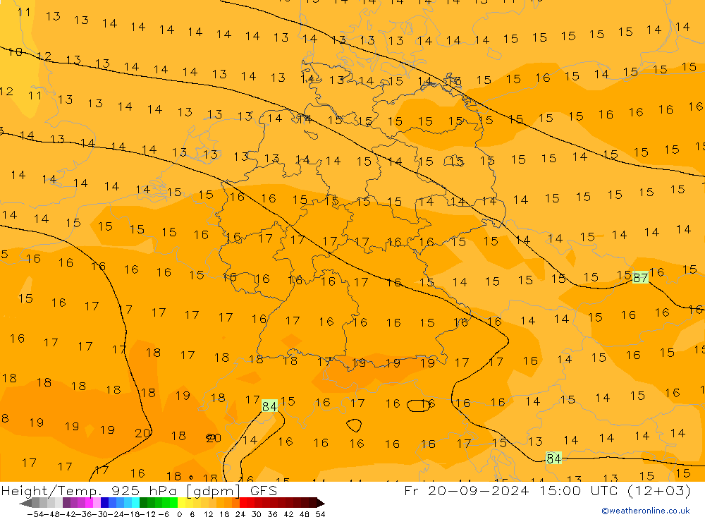 Height/Temp. 925 hPa GFS 星期五 20.09.2024 15 UTC