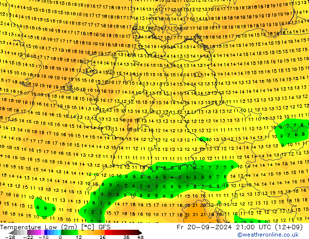 Temperature Low (2m) GFS Fr 20.09.2024 21 UTC