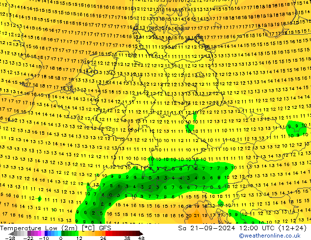 temperatura mín. (2m) GFS Sáb 21.09.2024 12 UTC