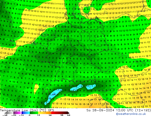 Tiefstwerte (2m) GFS Sa 28.09.2024 12 UTC