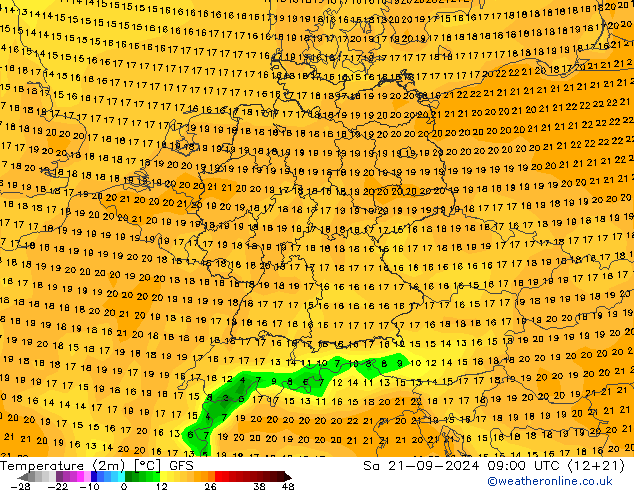 Temperature (2m) GFS So 21.09.2024 09 UTC