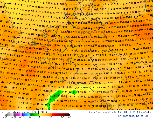 Temperature (2m) GFS Sa 21.09.2024 12 UTC