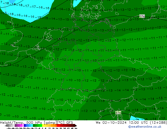 Z500/Rain (+SLP)/Z850 GFS Mi 02.10.2024 12 UTC