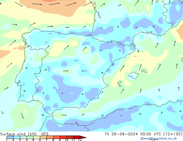 Surface wind (bft) GFS Th 26.09.2024 00 UTC