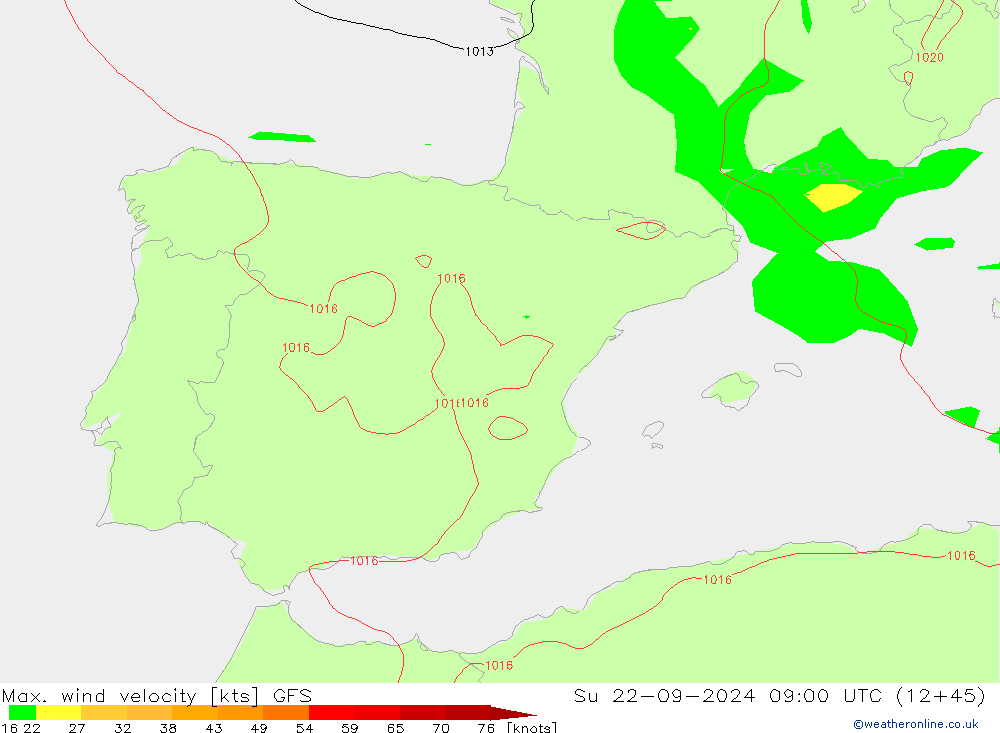 Max. wind snelheid GFS zo 22.09.2024 09 UTC