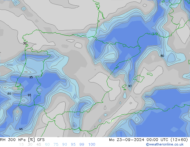 Humidité rel. 300 hPa GFS lun 23.09.2024 00 UTC