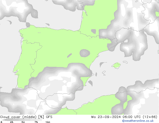 Cloud cover (middle) GFS Mo 23.09.2024 06 UTC