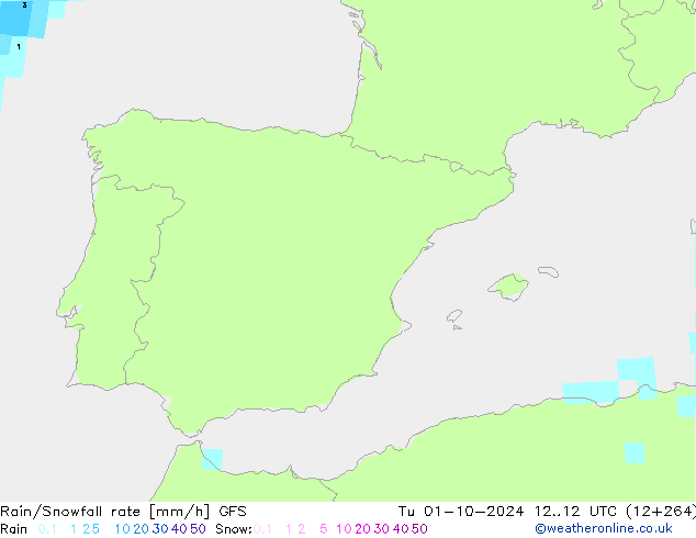 Rain/Snowfall rate GFS Út 01.10.2024 12 UTC