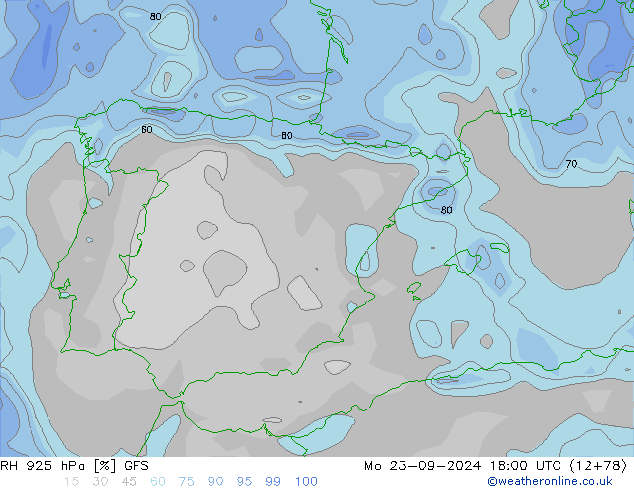 RH 925 гПа GFS пн 23.09.2024 18 UTC