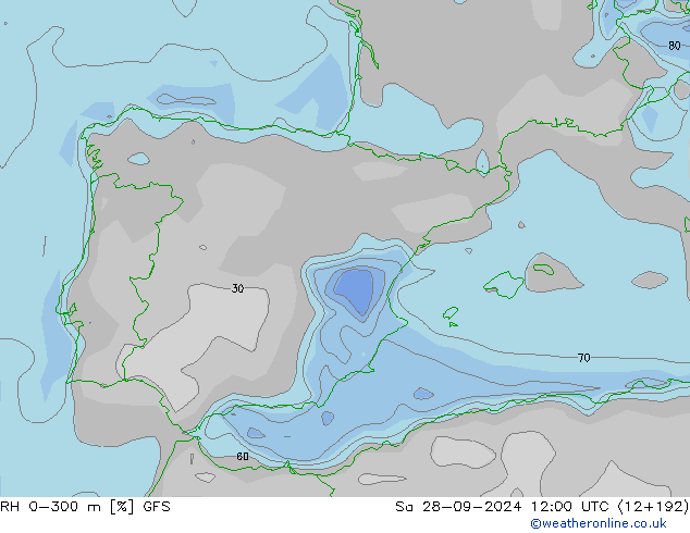 RH 0-300 m GFS So 28.09.2024 12 UTC