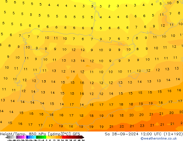 Height/Temp. 850 hPa GFS so. 28.09.2024 12 UTC