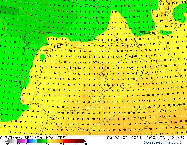 850 hPa Yer Bas./Sıc GFS Paz 22.09.2024 12 UTC