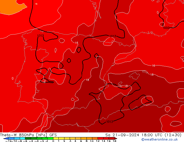 Theta-W 850гПа GFS сб 21.09.2024 18 UTC