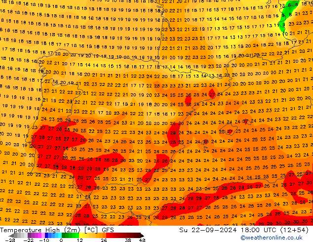 Temperature High (2m) GFS Su 22.09.2024 18 UTC