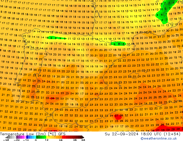 Temperature Low (2m) GFS Su 22.09.2024 18 UTC