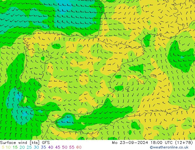 Wind 10 m GFS ma 23.09.2024 18 UTC