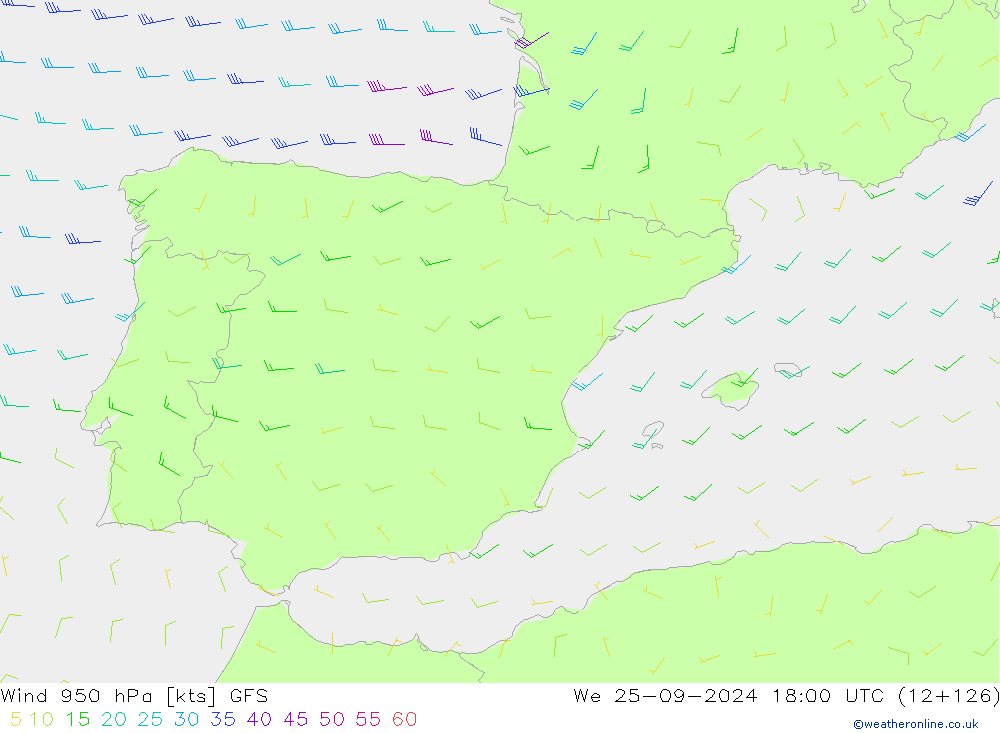 Wind 950 hPa GFS We 25.09.2024 18 UTC