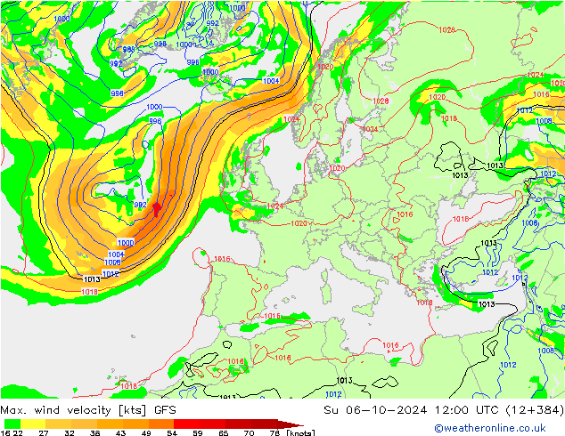 Max. wind velocity GFS dom 06.10.2024 12 UTC