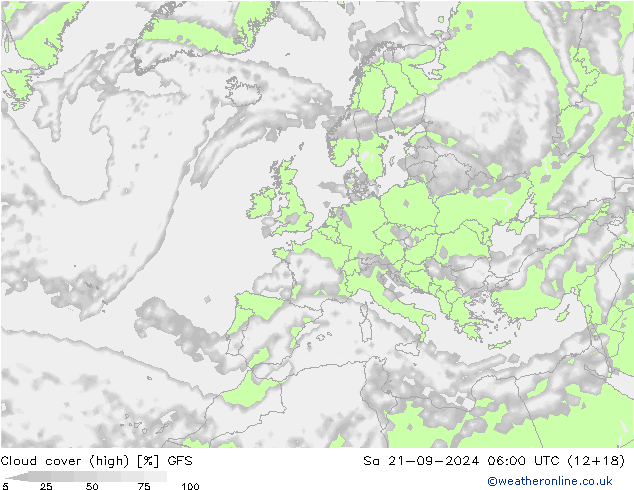 Cloud cover (high) GFS Sa 21.09.2024 06 UTC