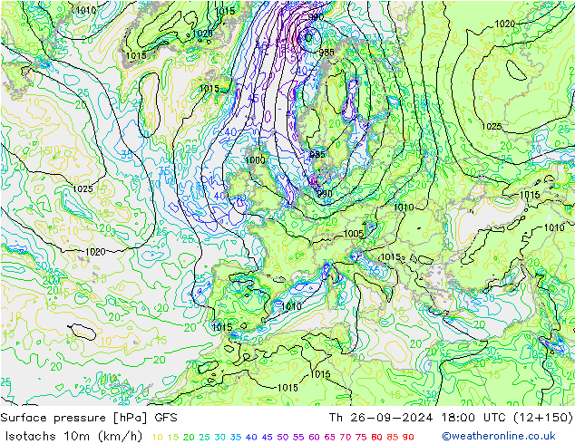 Isotachen (km/h) GFS do 26.09.2024 18 UTC