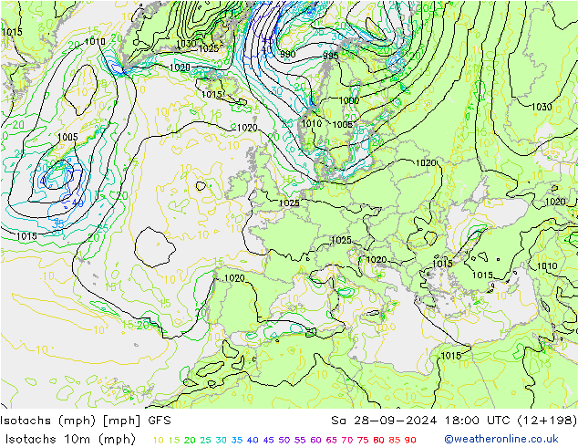 Isotachen (mph) GFS za 28.09.2024 18 UTC