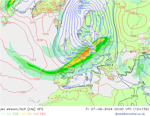 Jet stream/SLP GFS Fr 27.09.2024 00 UTC