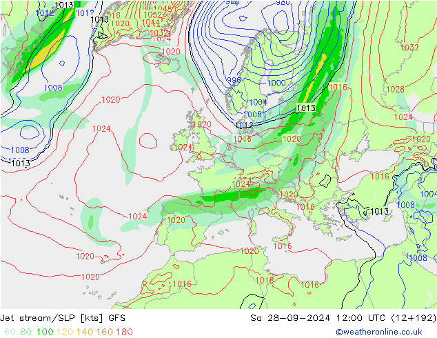 Prąd strumieniowy GFS so. 28.09.2024 12 UTC