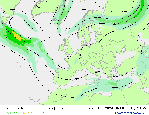 Jet stream/Height 300 hPa GFS Mo 23.09.2024 06 UTC