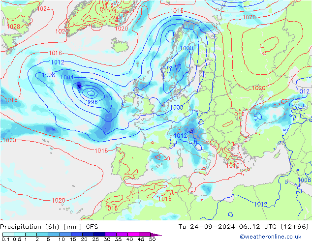 Précipitation (6h) GFS mar 24.09.2024 12 UTC