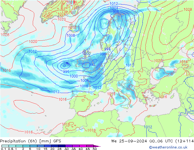 Precipitation (6h) GFS We 25.09.2024 06 UTC