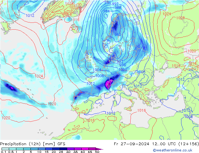 Precipitazione (12h) GFS ven 27.09.2024 00 UTC