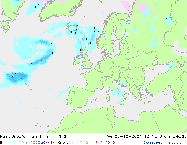 Rain/Snowfall rate GFS mer 02.10.2024 12 UTC