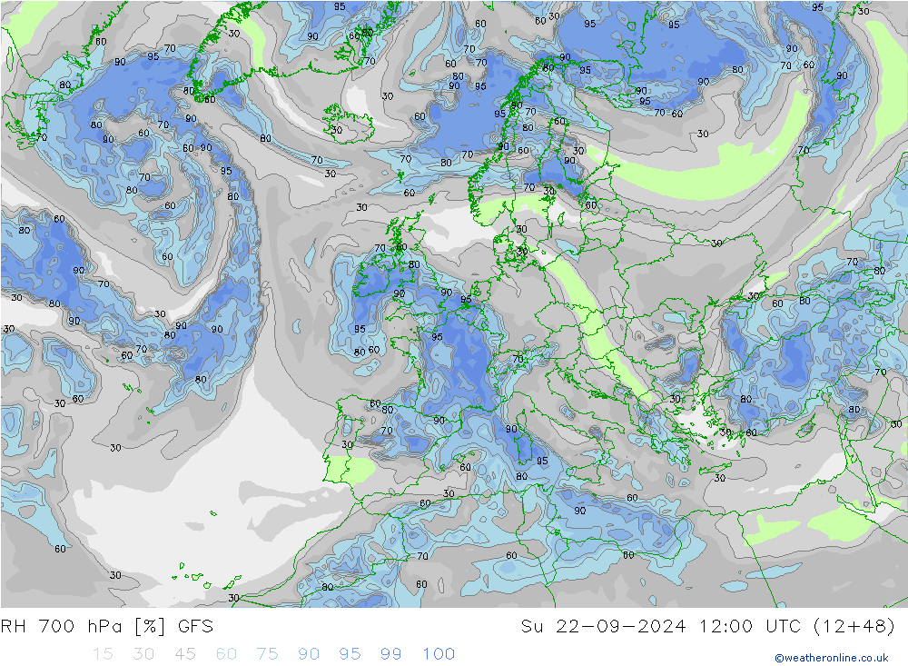 RH 700 hPa GFS dom 22.09.2024 12 UTC